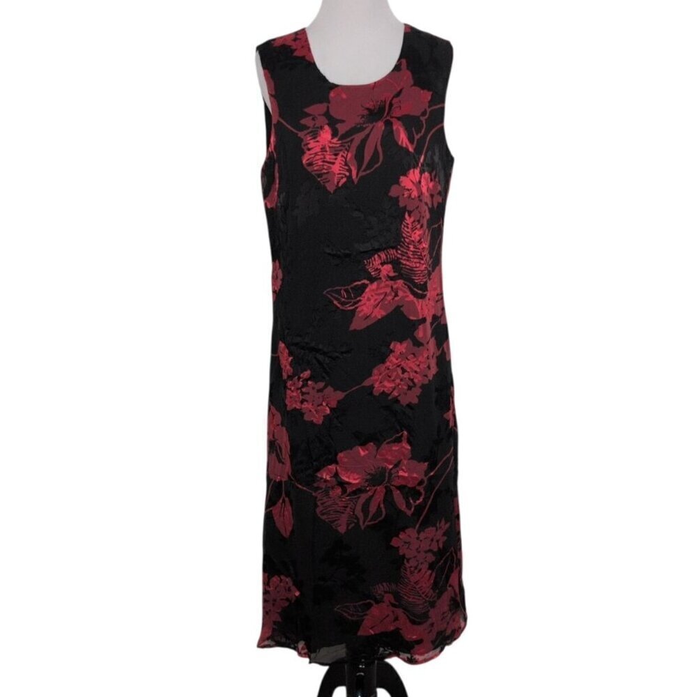 Vintage 90s Norm Thompson Floral Midi Dress Womens Size 10 Black Red Sleeveless